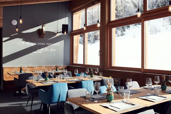 The bright and modern space for guests at the Stafelalp. 