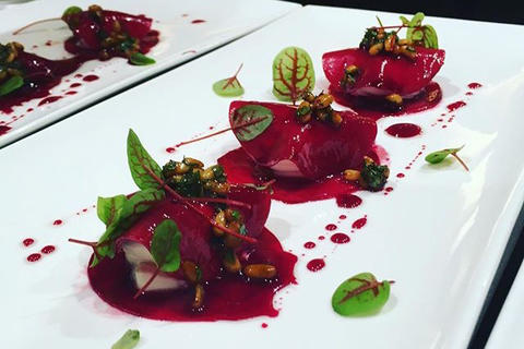 Carpaccio beets with goat cheese mousse and pine nut salsa